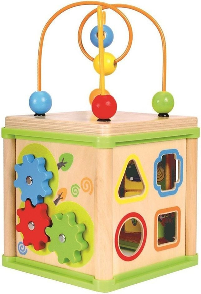 Дрвена едукативна играчка Bino Activating Cube 5 in 1, повеќе активности, со лавиринт со мониста, во повеќе бои