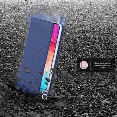 Kapak-portofol për Samsung Galaxy S21 FE, me mbyllje me magnet, bëhet edhe si bazë për telefonin, blu navy