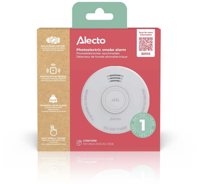 Detektor tymi Alecto SD110, me bateri 9V, alarm 85dB, i bardhë