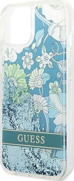 Mbulesë telefoni Guess GUHCP14SLFLSN për iPhone 14, 6.1", me lule Flower Liquid Glitter, jeshile