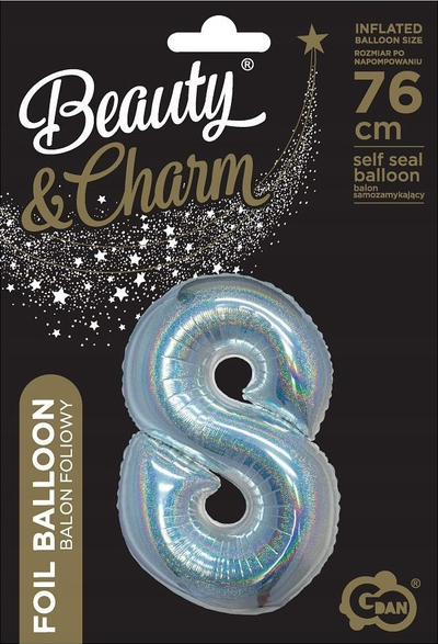 Balon me fletë Beauty &amp; Charm, numri 8, holografik, 76 cm, argjend