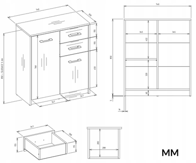 Kredencë Simplo SIDEBOARD 2D2S, 2 sirtarë, 2 dyer, antracit dhe lis Artisan