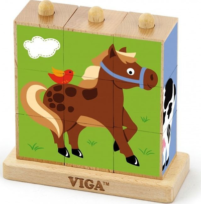 Viga Toys Загатка со Коцки за Редење Фармски Животни, 9 Делови