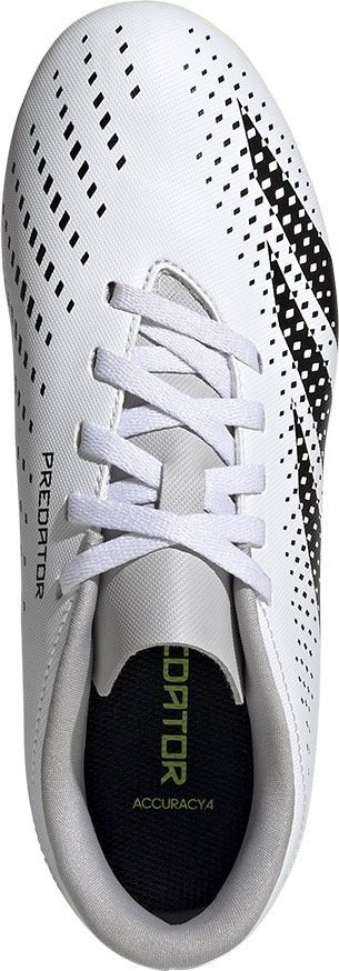 Këpucë futbolli për kalamaj Adidas Predator Accuracy.4 FxG J, taban FxG, për bar natyral, të bardha me detaje të zeza dhe jeshile neon