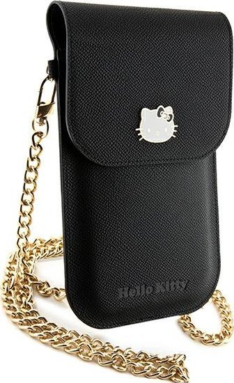 Универзална чантичка за телефон Hello Kitty Leather Metal Logo Chain, кожа, со синџир, црна