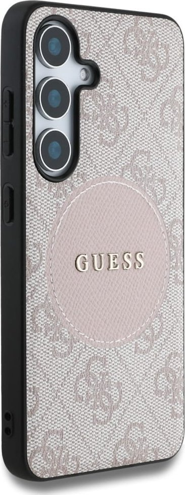 Mbulesë telefoni Guess 4G Round Patch Classic Logo MagSafe për Samsung Galaxy S25 Plus, rozë