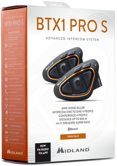 Sistem komunikimi për motorçikleta Midland BTX1 Pro S Twin Set, interkom deri 800 m, IPX6, i zi