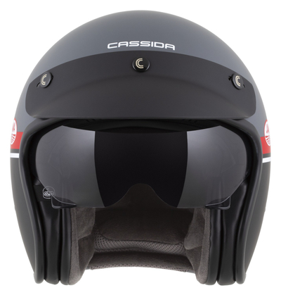Helmetë moto CASSIDA Oxygen 2.0 Jawa OHC, e hapur, me diell të brendshëm, gri mat e kuqe e zezë e bardhë