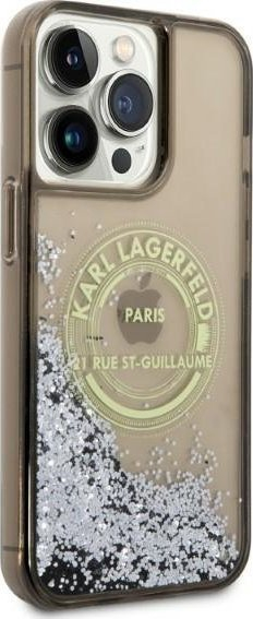 Kllausë telefoni Karl Lagerfeld Liquid Glitter RSG, për iPhone 14 Pro Max, transparente me korniza të zeza