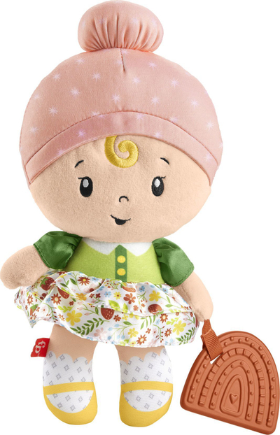 Lodër shqisore Fisher-Price Cuddle & Chime First Babydoll, me zile, me lodër për kafshuar, shumëngjyrëshe