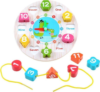 Lodër druri mësimore ZA3608, orë për mësim, puzzle me forma, me ngjyra të ndryshme