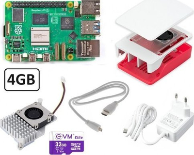 Kit zhvillimi Raspberry Pi 5, 4GB RAM, 32GB microSD, i bardhë me t’kuqe
