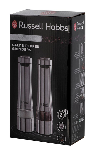 Set mulli elektrik për kripë dhe piper Russell Hobbs 23460-56, me bateri, çelik inox, argjendtë