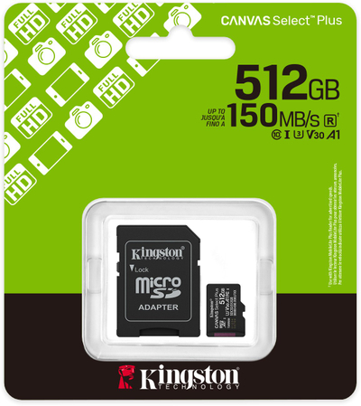 Kartë memorie microSD Kingston Canvas Select Plus Gen3, 512GB, 150MB/s A1, me adapter