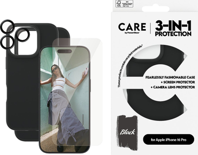 Set mbrojtës CARE by PanzerGlass 3‑në‑1 për Apple iPhone 16 Pro, xham ekrani, mbrojtës lente dhe kuti e zezë
