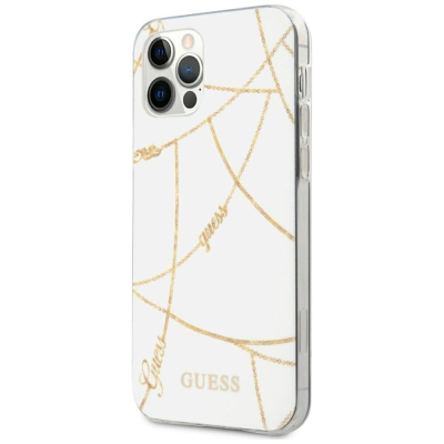 Këllëf telefoni Guess Saffiano V Stitch për iPhone 12 12 Pro, hard case, i bardhë me ar