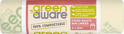 Qese mbeturinash GreenAware Compostable, 60L, 5 copë, e gjelbër