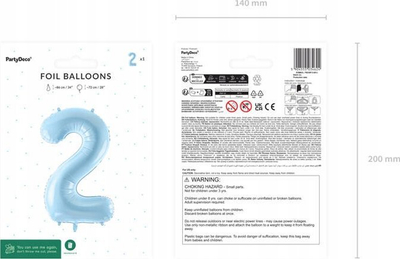 Balon helium Partydeco numri 2, 72cm, blu e çelët