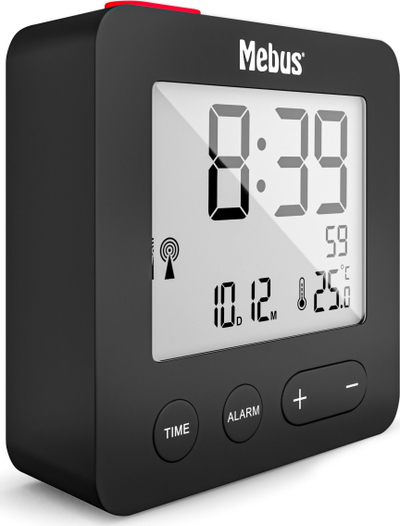 Orë alarmi digjitale Mebus 25801, ekran i ndriçuar, matje temperature, e zezë