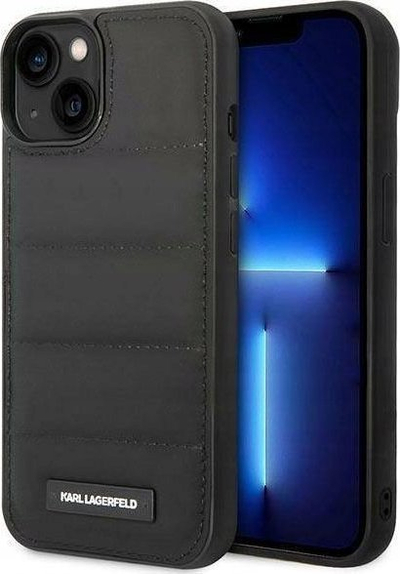 Kapak telefoni Karl Lagerfeld Puffy Elongated Logo për iPhone 14 Plus, lëkurë natyrale, i zi