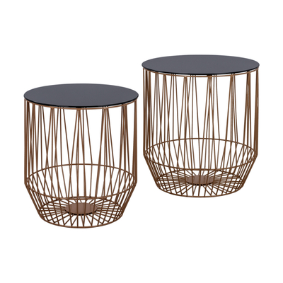Set tavolinash ndihmëse ZIGGON CAGE HM8601, 2 copë, sipërfaqe xhami, kornizë metalike ari me të zezë