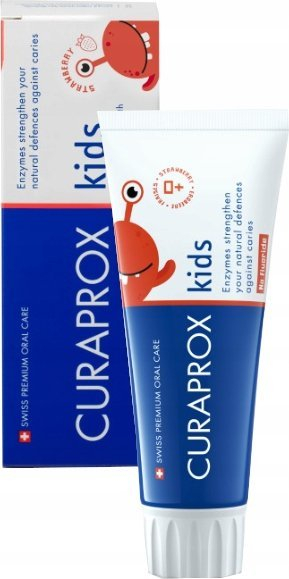 Pasta e dhëmbëve për kalamoj Curaprox Kids me shije luleshtrydhe, pa fluor, 60 ml