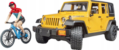 Set lodrash Bruder Jeep Wrangler Unlimited Rubicon 02543, me biçikletë mali, me figurë çiklisti