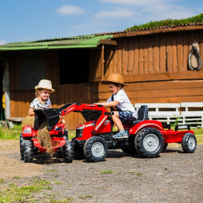 Traktor me pedale Falk Massey Ferguson 8740S, me rimorkio, me kovë frontale, i kuq