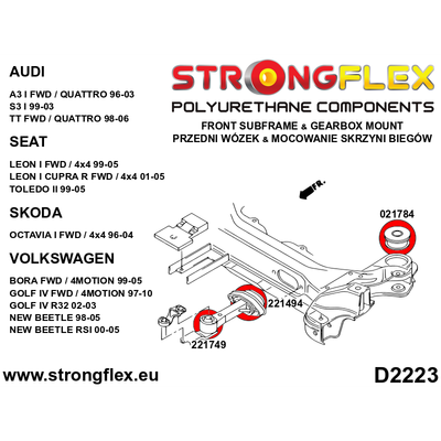 Set bushesh transmisioni Strongflex 226205B, poliuretan 80ShA, për Audi A3 96-03 FWD Quattro, i kuq