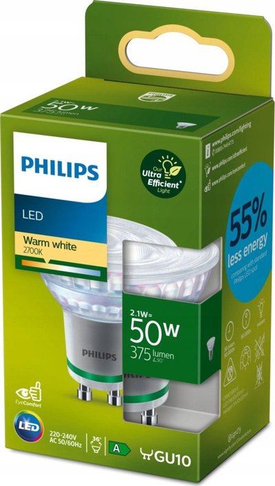 Llambë spot LED Philips Classic GU10, 50W ekuivalente 2.1W, 2700K dritë e ngrohtë, transparente