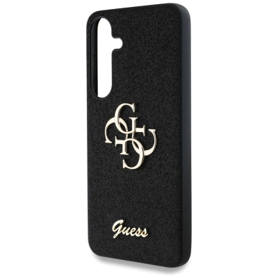 Kejs telefoni Guess Fixed Glitter Big 4G për Samsung S25, lëkurë eco, logo metal, i zi