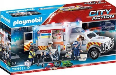 Set lodër Playmobil City Action Rescue Vehicle US Ambulance 70936, 93 pjesë, me drita dhe tinguj, shumëngjyrëshe