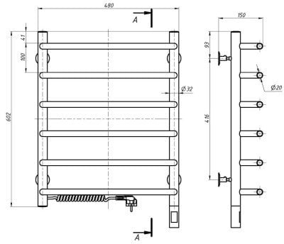 Ngrohës elektrik peshqirësh SYMPHONIA Sensor 480x600, çelik inox, montim majtas, krom