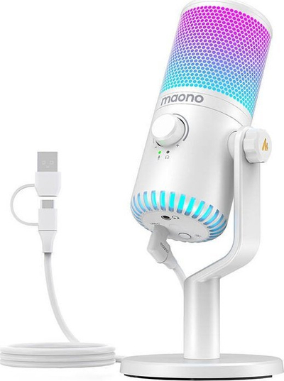 Микрофон USB Маоно DM30, кондензатор кардиоиден, RGB, бел