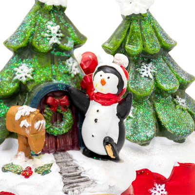 Kuti muzike dekor për Krishtlindje me pinguin, figurë polystone, melodi festive, shumëngjyrëshe