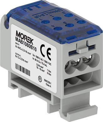 Bllok shpërndarës elektrik Morek MAB1080B10, 2x Al Cu 25 mm², 8x Cu 2.5 6 mm², gri