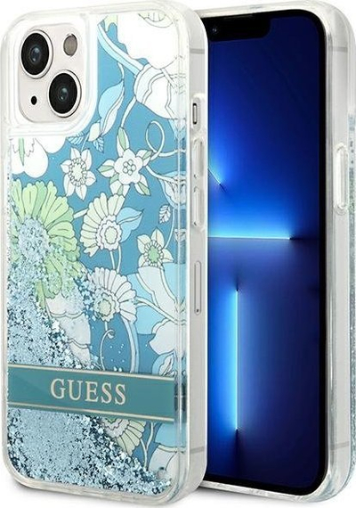 Mbulesë telefoni Guess GUHCP14SLFLSN për iPhone 14, 6.1", me lule Flower Liquid Glitter, jeshile