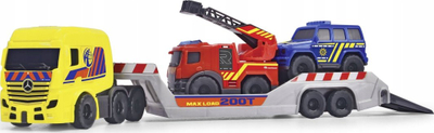 Set lodrash Dickie Toys SOS Mini Tow Truck Mercedes Benz, kamionçinë rimorkio 32 cm, 2 vetura policia dhe zjarrfikës, shumengjyrësh