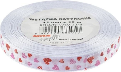 Fjongo sateni dekorative Brewis White Satin Ribbon Hearts, 12mm, 22m, e bardhë