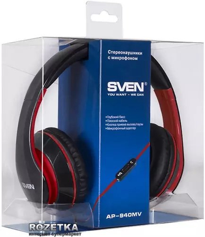Kufje me mikrofon Sven AP-940MV, 40mm, jack 3.5mm, të zeza me të kuqe