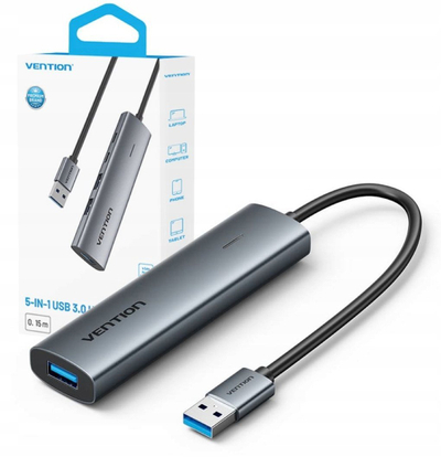 HUB USB Vention TGXHB, 5 me 1, nga USB-A në USB-C edhe 3x USB 3.0, 0.15m, gri