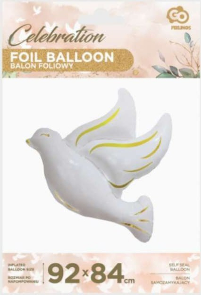 Balon folie Godan Dove, në formë pëllumbi, 92x84 cm, i bardhë me të artë