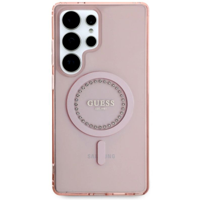 Kllëf telefoni Guess Rhinestones Classic Logo MagSafe për Samsung S25 Ultra, i tejdukshëm, rozë