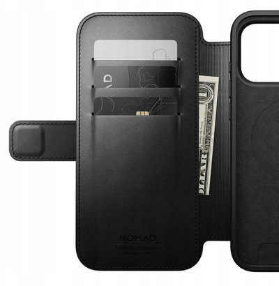 Futrollë Nomad për iPhone 17 Pro Max Modern Folio, lëkurë Horween, me xhepa për karta, e zezë