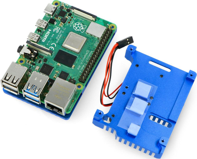 Kuti alumini JustPi për Raspberry Pi 4B, me 2 ventilatorë, blu