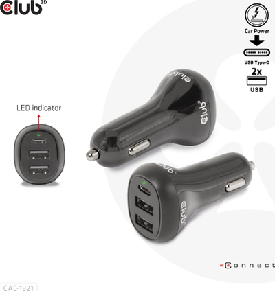 Karikues makine Club3D Car Charger, 36W, 3 porta USB, i zi