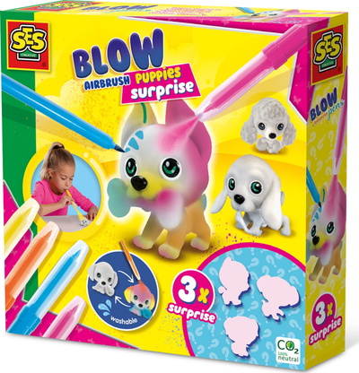 Kреативен сет за деца SES Creative 14333 Blow Airbrush Pens Puppies Surprise, 3 воздушни фломастери, со кутриња што се перат