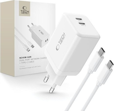 Karikues rrjeti Tech-Protect NC45W GaN, 45W, 2x USB-C PD, i bardhë