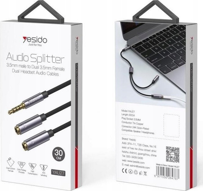 Kabllo audio Yesido YAU27, 3.5mm 1 mashkull në 2 femër, 30cm, e zezë