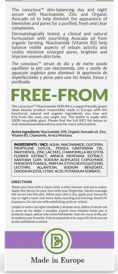 Serum per fytyrë The Conscious No 6 Niacinamide, 10%, me avokado organike, 30 ml